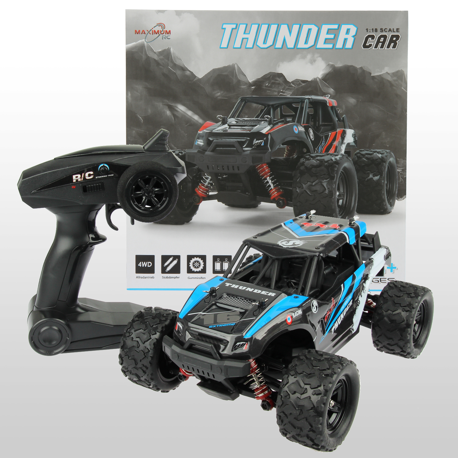 FunTomia RC Buggy Thunder 1:18 – 2,4 GHz proportional, 7,4 V Li-Ion 1200 mAh, 29 cm, Offroad-Reifen