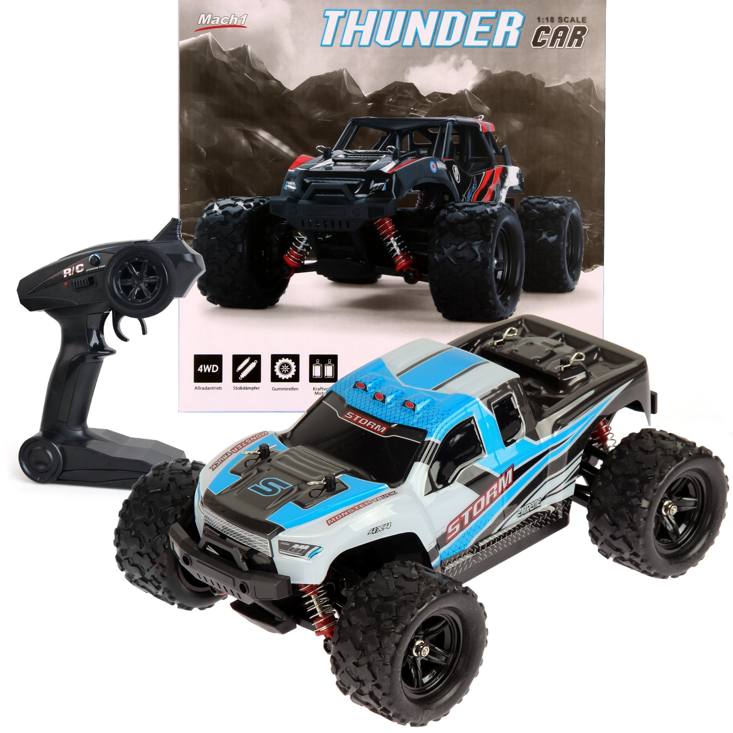 FunTomia RC Buggy Thunder 1:18 (2,4 GHz), 7,4 V Li-Ion 1200 mAh, 29 cm, Offroad-Reifen